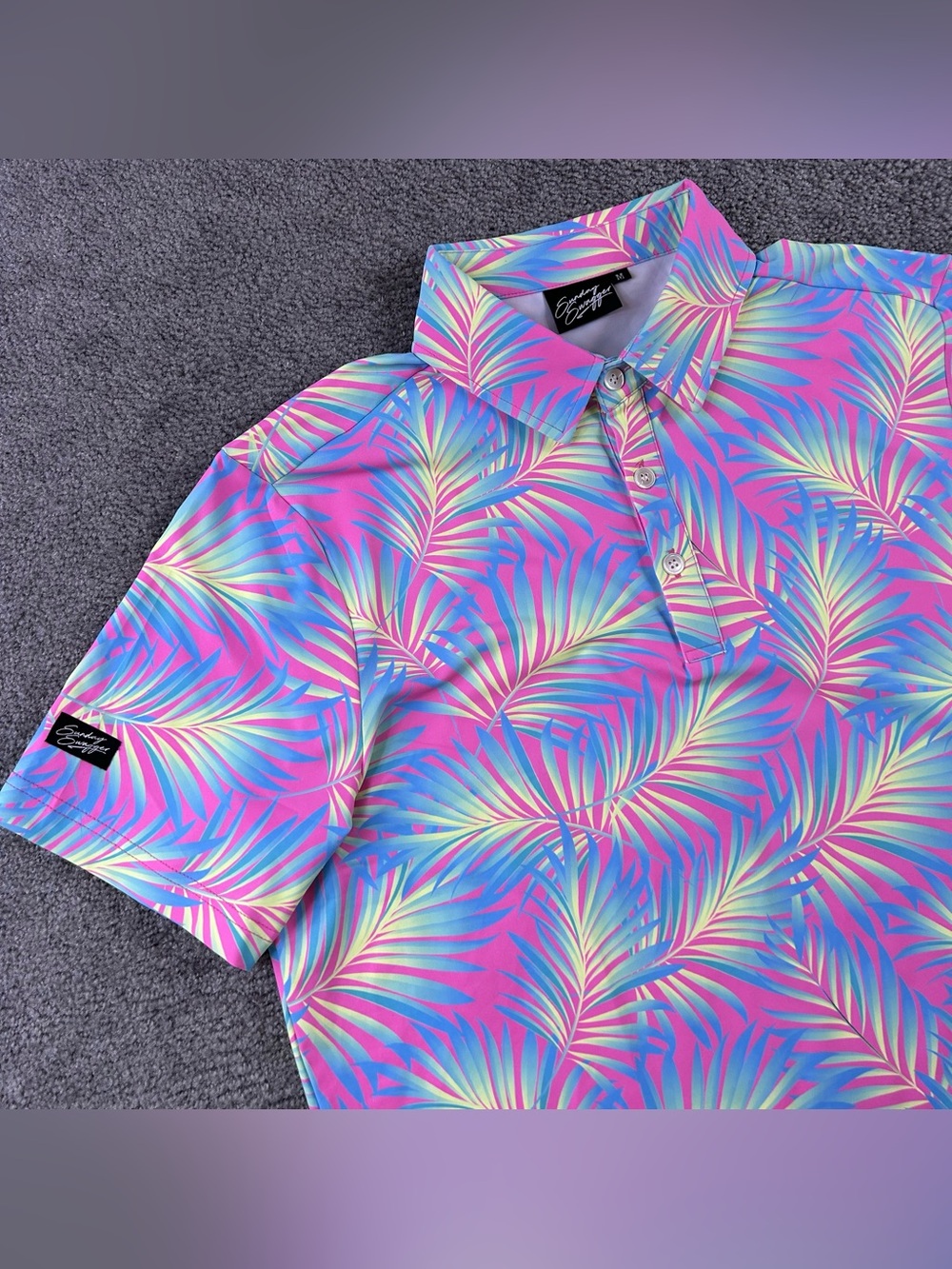Sunday Swagger Mens Golf Polo Shirt Pink Blue Tropical Palm Leaf Performance M - Picture 2 of 8